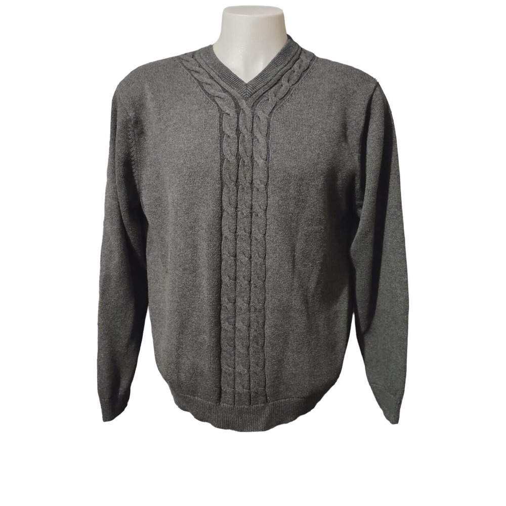 Roundtree & Yorke Sweater L Mens Gray Cable Knit Norm Core Retro V-Neck Pullover